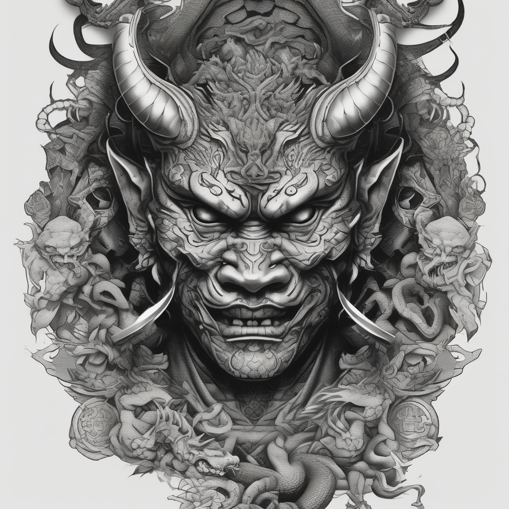 Back Tattoo with An Oni With a broken mask and a Sword, Dragons & snakes hello kitty tattoo, diseño de tatuaje Dotwork generado con IA